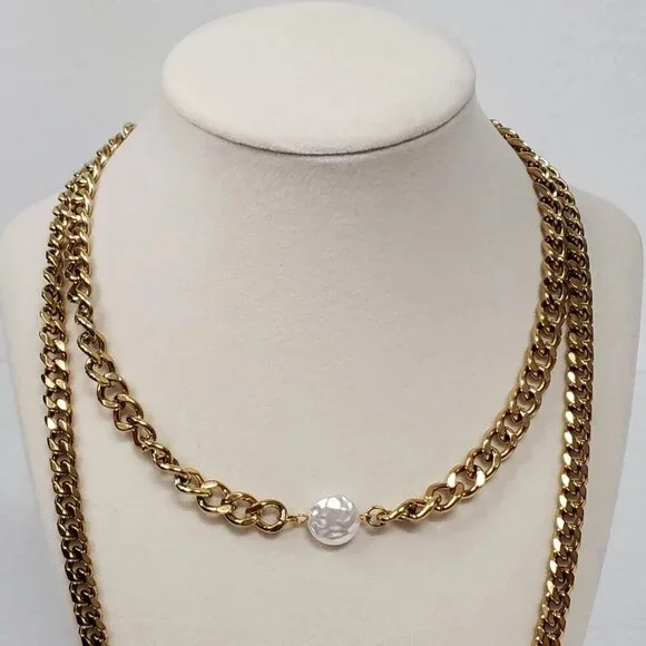 Auth Louis Vuitton Lock&Key Gold w/Unbranded Cuban Style Stainless Double Chain - Picture 9 of 14